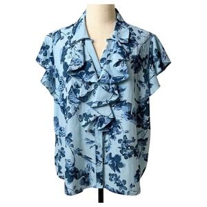 NEW Calvin Klein Women's 3XL Blue Floral Ruffle Blouse Short Sleeve